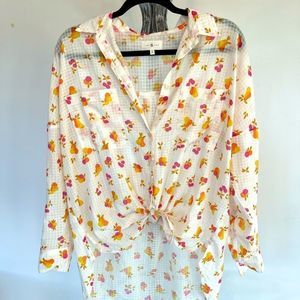 Lou & Grey White Fruit Print Novelty front knot long sleeve top blouse s…